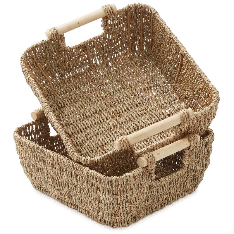Hyacinth Seagrass Oval Storage Baskets with Wooden Handles Woven Bins - Natural - Seagrass - Small