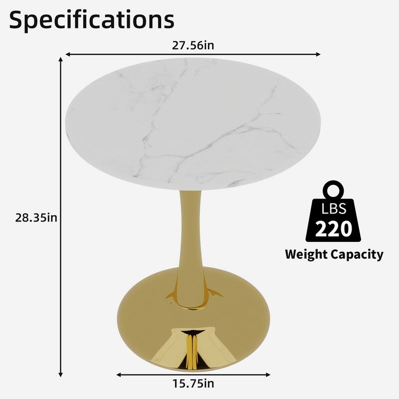 27.6-Inch Mid-Century Modern Style Dining Table, Accommodates 2-4 People, Featuring A Round White-Veined Marble Tabletop