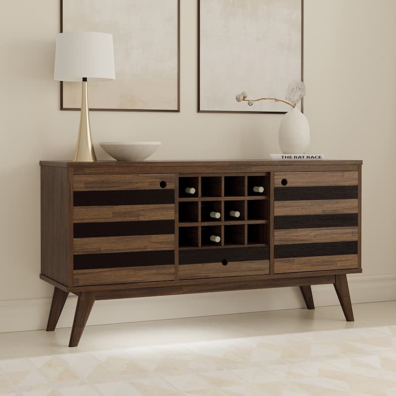 WYNDENHALL Wright SOLID ACACIA WOOD 60 inch Wide Rectangle Mid Century Sideboard with Wine Storage in Rustic Natural Aged Brown - Rustic Natural Aged Brown