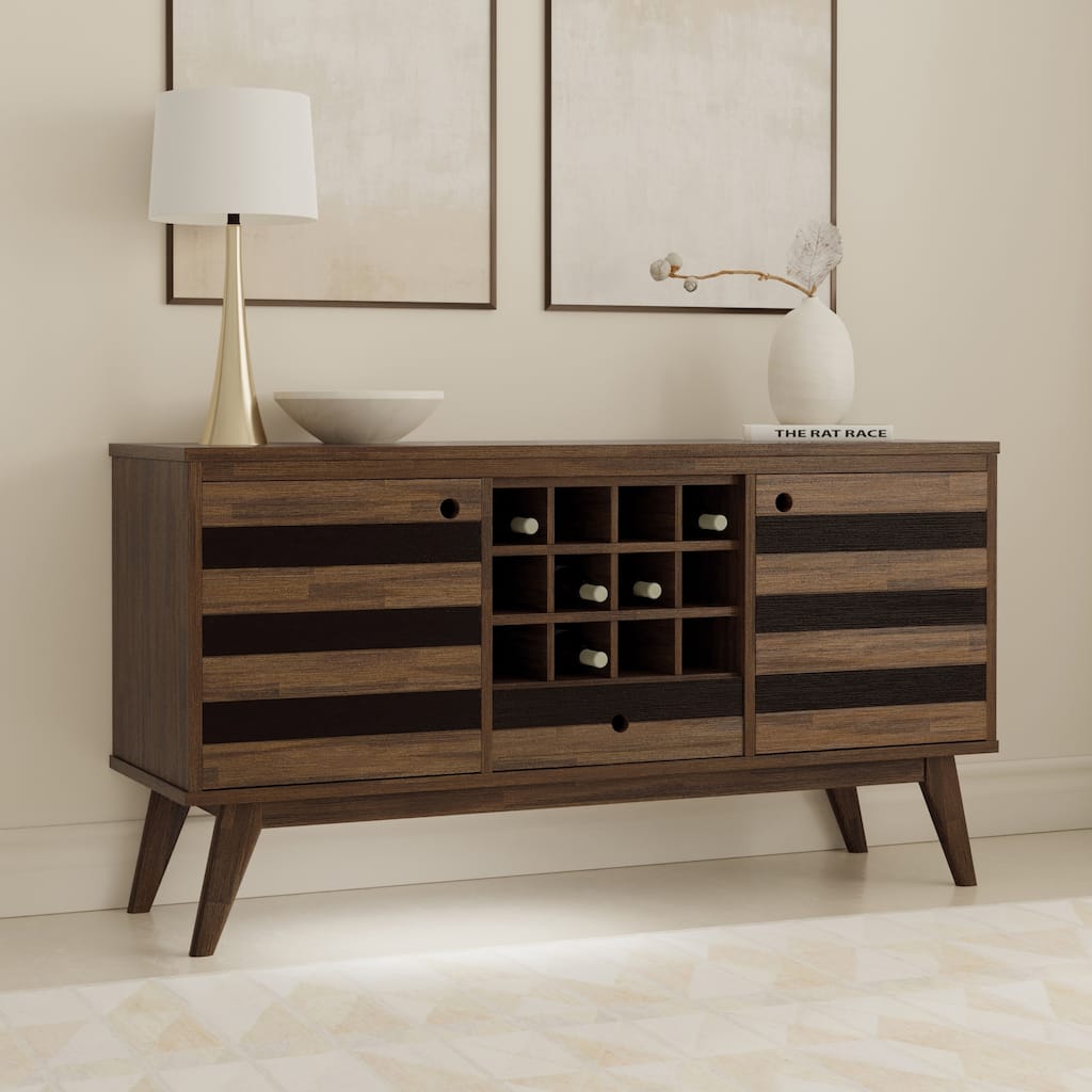 WYNDENHALL Wright SOLID ACACIA WOOD 60 inch Wide Rectangle Mid Century Sideboard with Wine Storage in Rustic Natural Aged Brown