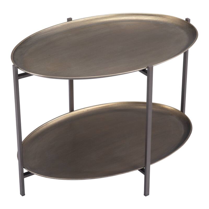 HomeRoots 26" Antiqued Bronze and Black Steel Oval Two Tier Coffee Table - 26.00 in. x 17.70 in. x 18.00 in.