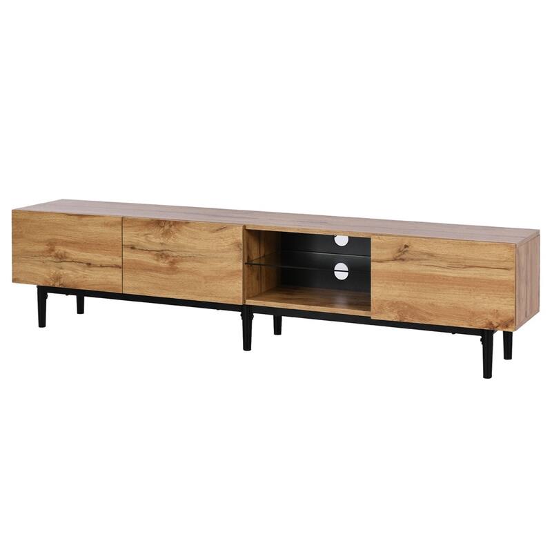 Modern LED Light TV Stand with Drop Down Door and Open Shelves