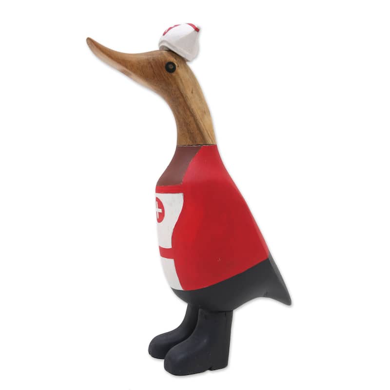 Novica Handmade Nurse Duckling In Red Bamboo Root And Teak Wood Figurine