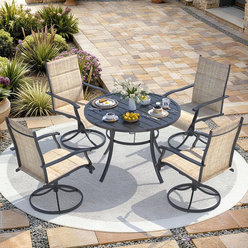 Patio Dining Set, Outdoor Dining Table and Chairs Set with Textilene Chairs, Adjustable Umbrella Hole for Garden, Backyard - 5 Piece-Round - Brown-Swivel