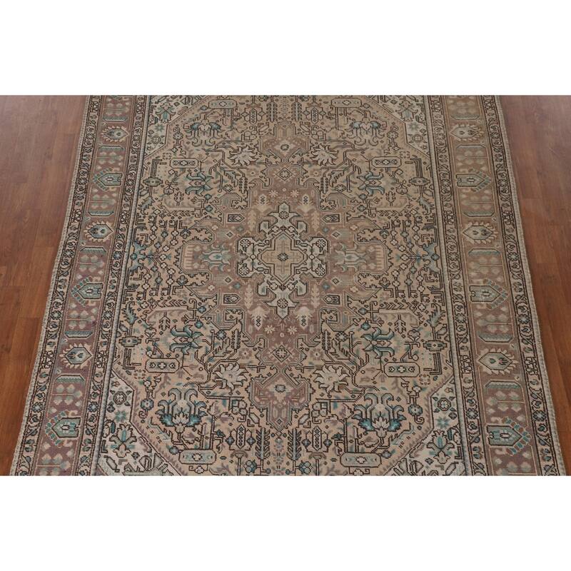 Geometric Peach Tabriz Persian Vintage Rug Hand-Knotted Wool Carpet - 6'4"x 9'5"