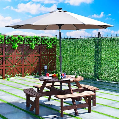 Patio Wooden Picnic Table Set Outdoor Round Table with Umbrella Hole