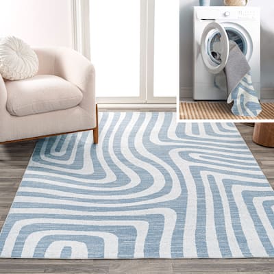 JONATHAN Y Kallax Abstract Two-Tone Low-Pile Machine-Washable Blue/Cream Area Rug