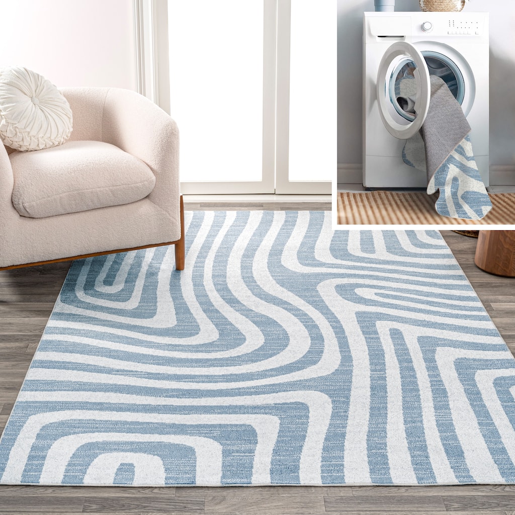 JONATHAN Y Kallax Abstract Two-Tone Low-Pile Machine-Washable Blue/Cream Area Rug