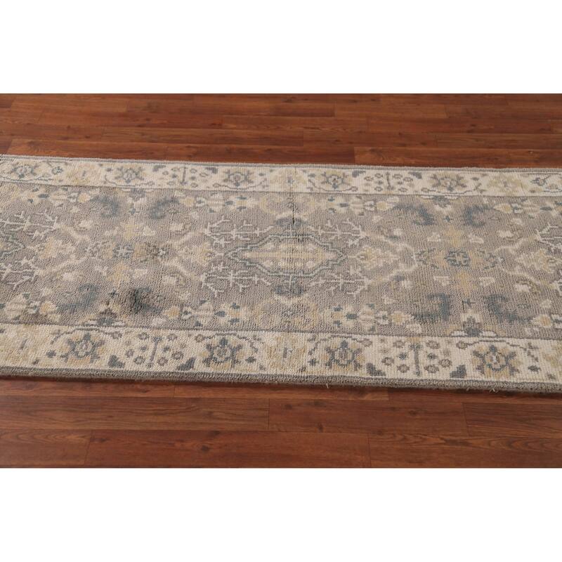 Earth Tone Oushak Indian Runner Rug Hand-Knotted Wool Carpet - 2'7" x 10'0"
