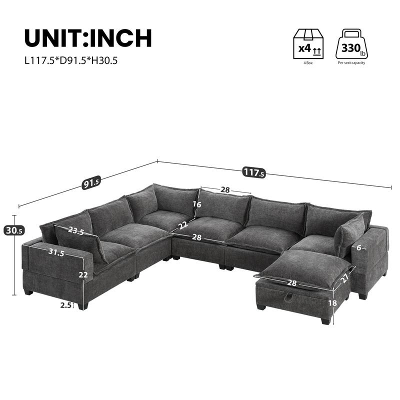 U Shaped Modular Sectional Sofa with Movable Storage Ottoman, Comfy Chenille Deep Seat Cloud Couch, Oversized 7 Seat Corner Sofa - Gray