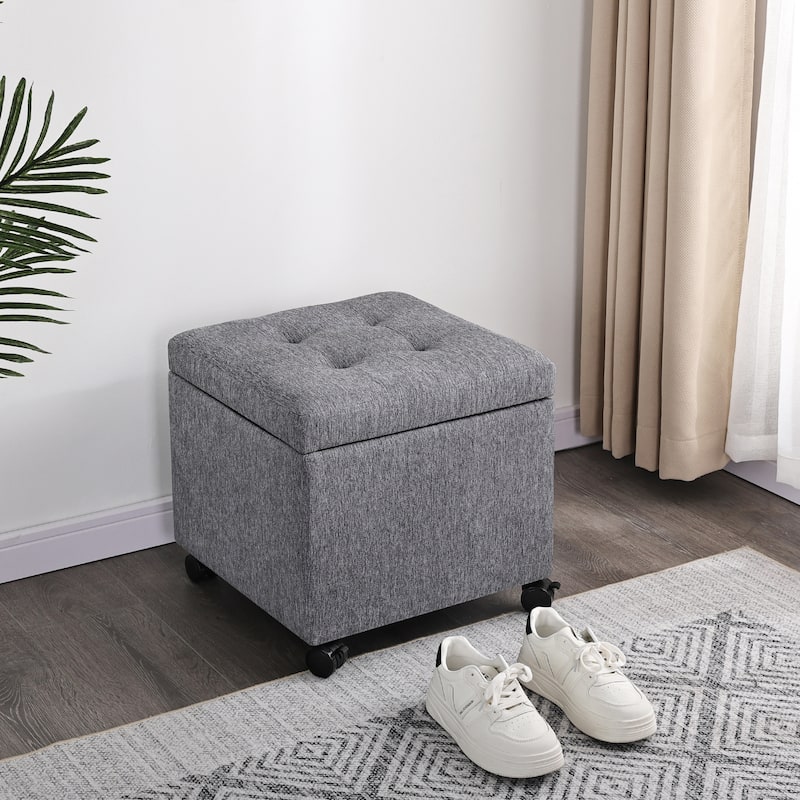 Adeco Bonded Leather Storage Ottoman Square Tufted Cube Footstool