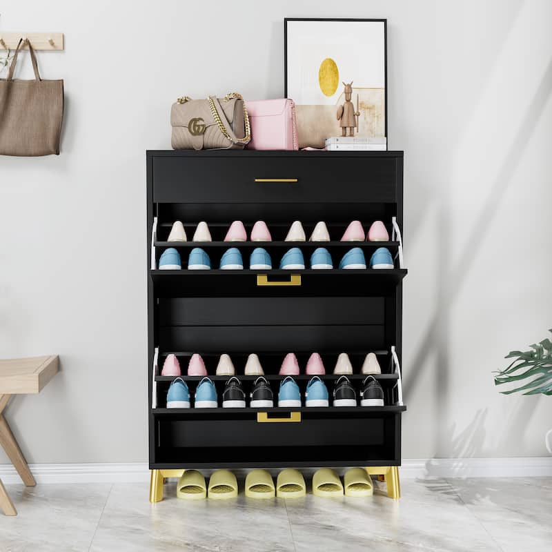 Free-Standing Shoe Organizer Cabinet with 2 Flip-Top Drawers and Metal Legs, Ample Storage for Hallway, Entryway and Porch