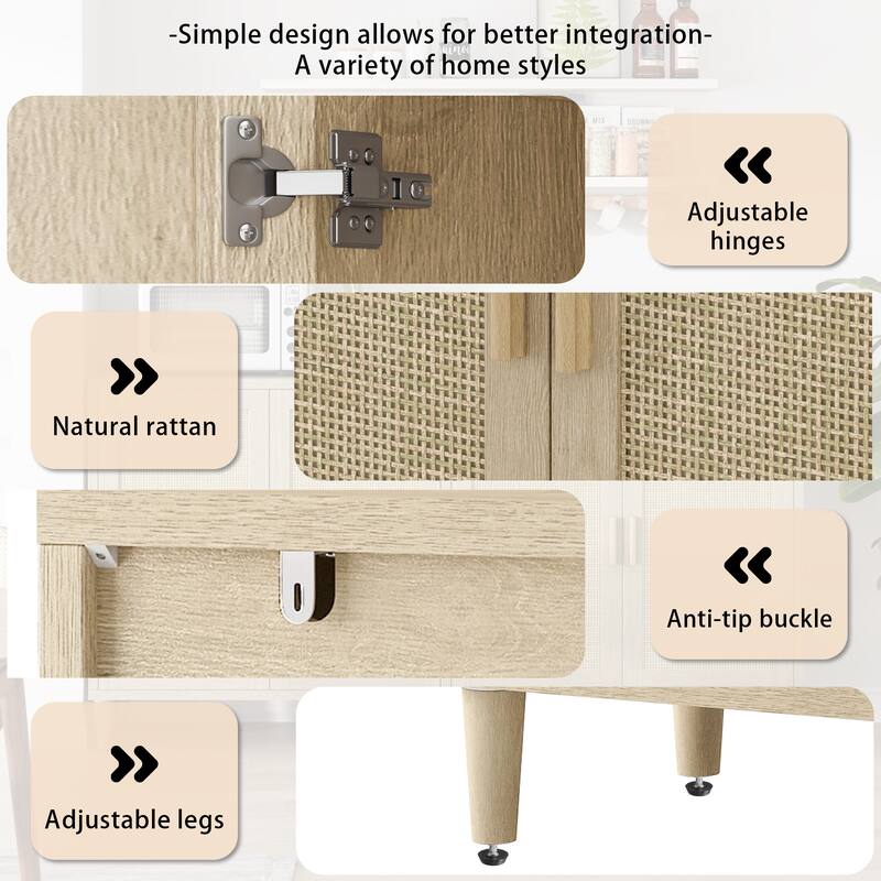 70" Rattan Buffet Cabinet with Storage, 4-Door Sideboard Buffet Cabinet with Adjustable Shelves