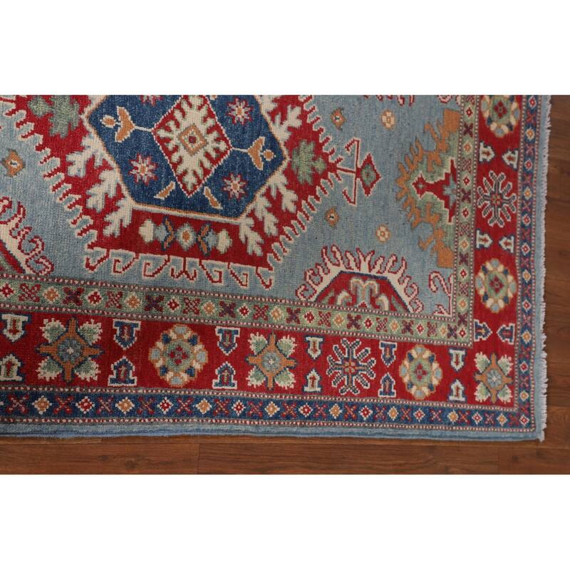 Light Blue Geometric Kazak Rug Handmade Traditional Wool Carpet - 3'0" x 4'11"