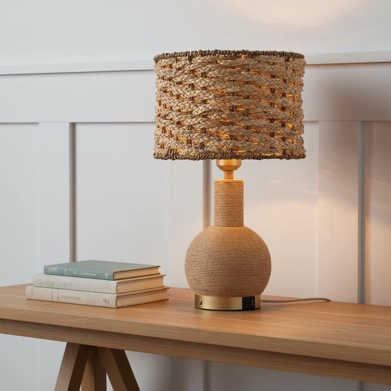 Amber 19" Rattan Table Lamp with USB 3-Way Touch Dimmer