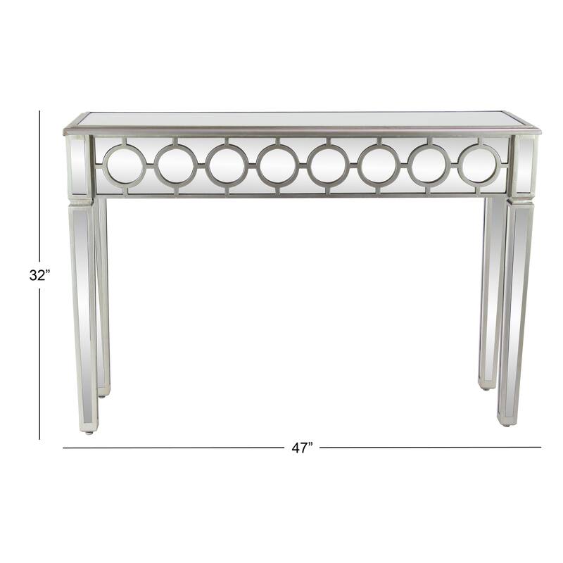Silver Glass Mirrored Geometric Console Table with Circular Panel Inlay