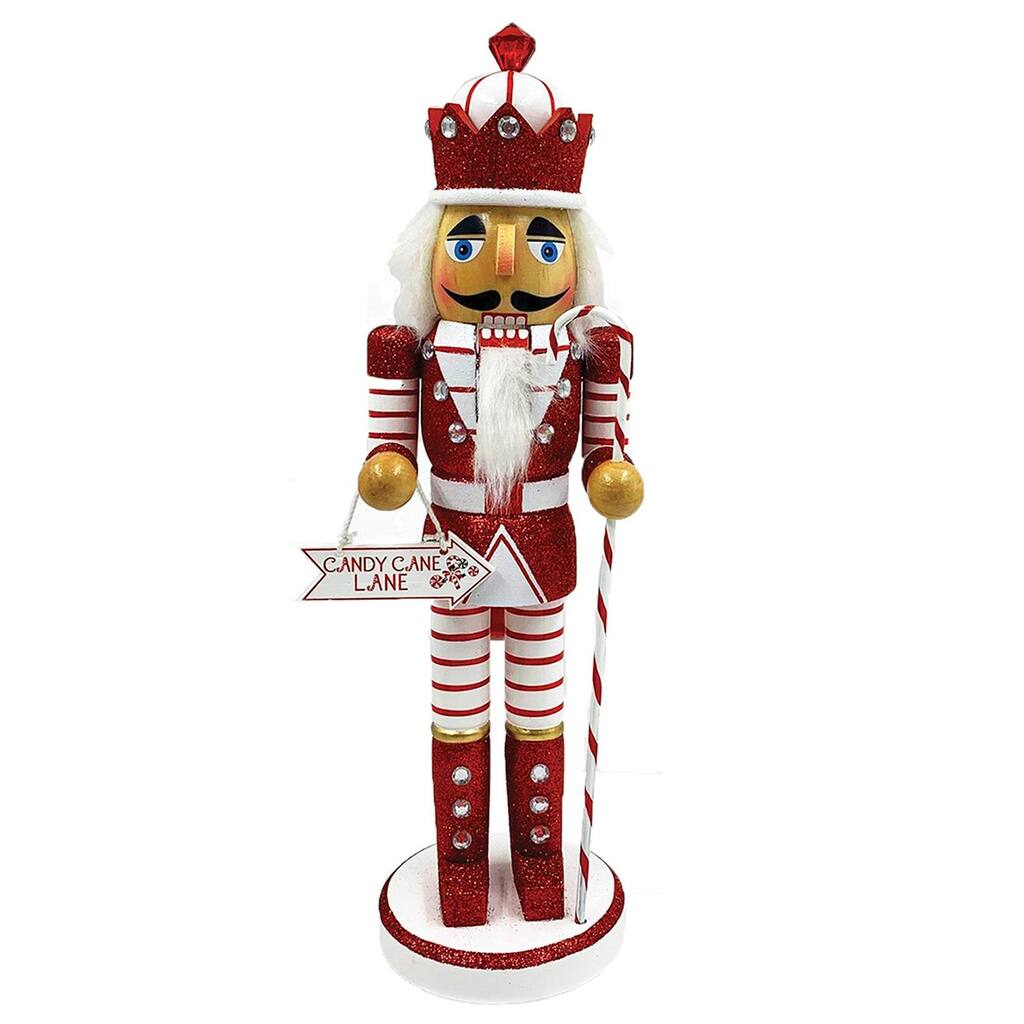 14" King with "Candy Cane Lane" Sign Glittered Christmas Nutcracker