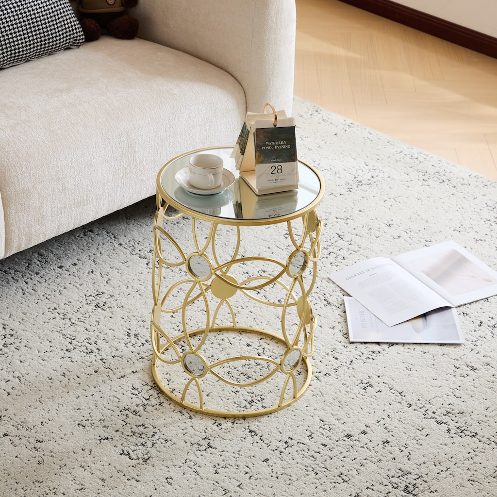 Small End Table Gold Mirrored Side Table with Mirror Tabletop and Cylindrical Metal Base Features Intricate Cut-out Patterns
