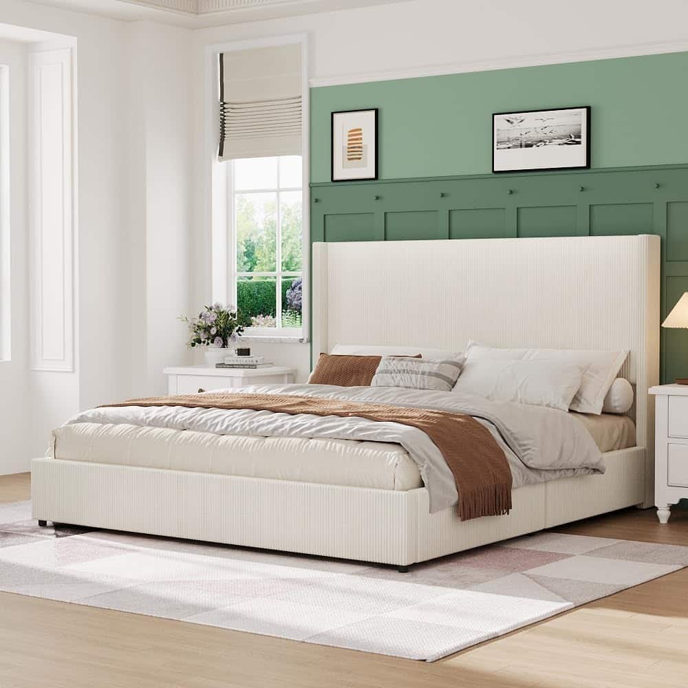 Upholstered Platform Bed Frame with Storage Drawers and Tufted Wingback Headboard, Easy Assembly