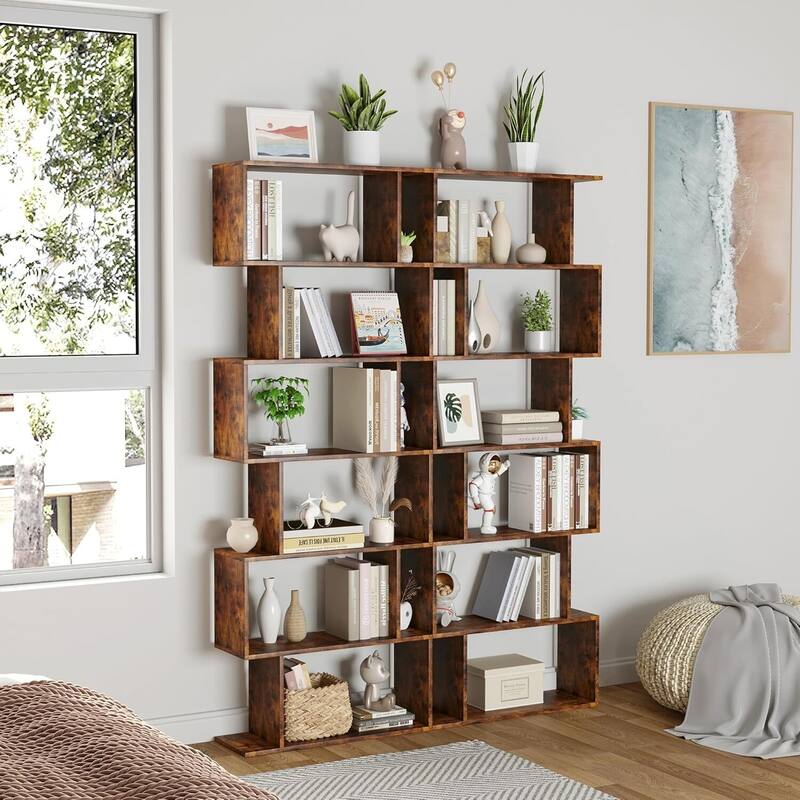 S-Shaped Bookshelf, Black Geometric Bookcase for Home & Office