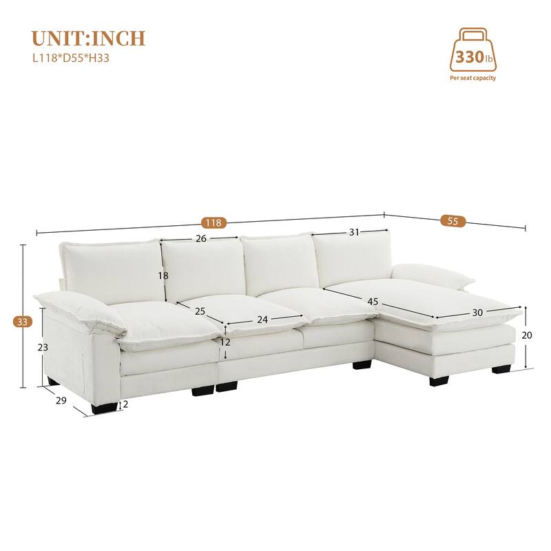 Chenille Upholstered Sectional Sofa with Chaise and Storage Pockets, 5 Seat Lounge Cloud Couch L-shaped Recliner Couches