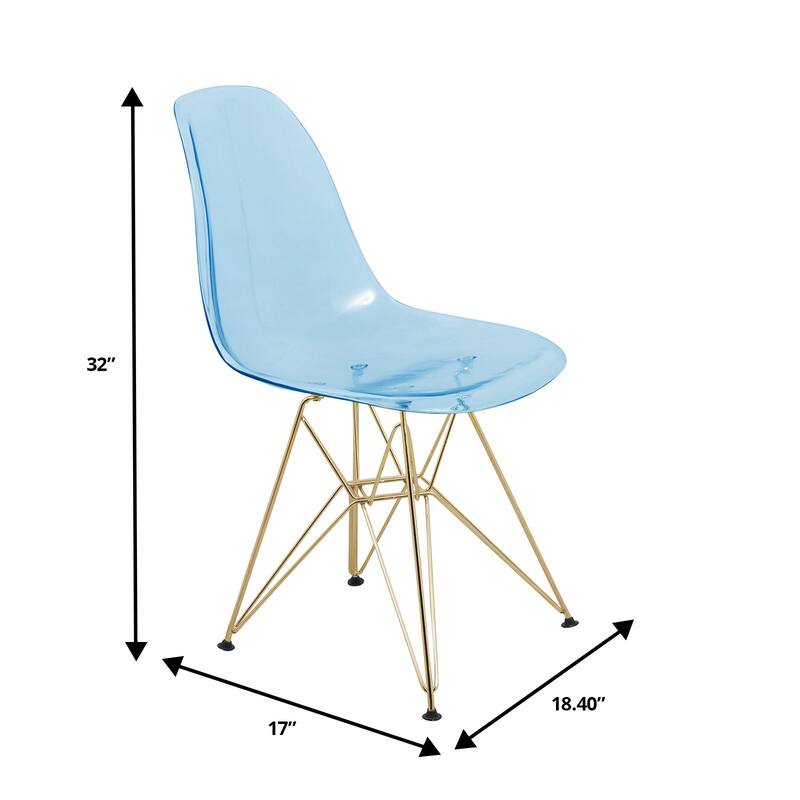 Cresco Modern Ergonomic Acrylic Dining Side Chair with Eiffel Design Base and Hand-Brushed Gold Metal Legs Set of 2