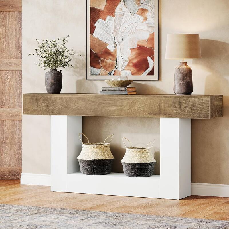 63 Inches Brown/ Gray Wood Console Table, Farmhouse Entryway Table for Hallway - Brown& White