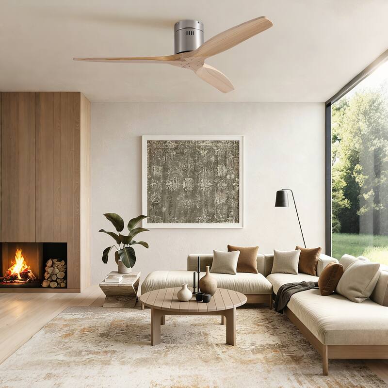 52"Mordern Rustic Elegance Solid Wood Blades Low Profile Flush Mount Ceiling Fan without Light