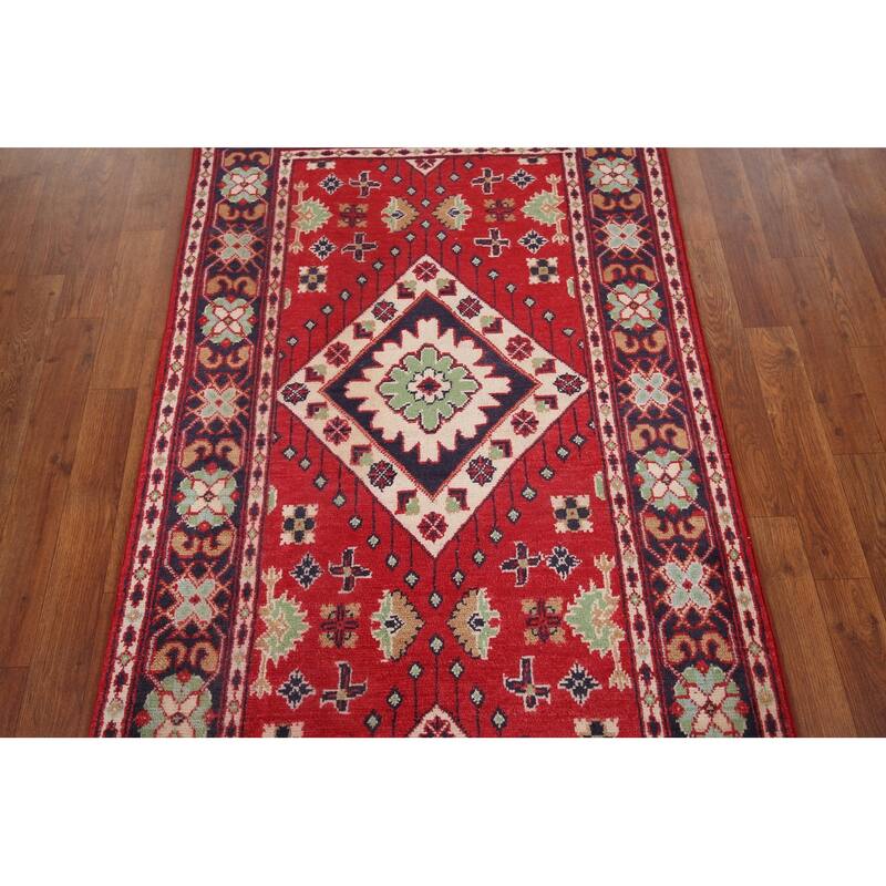 Geometric Red Kazak Oriental Foyer Rug Handmade Wool Carpet - 3'1" x 5'0"