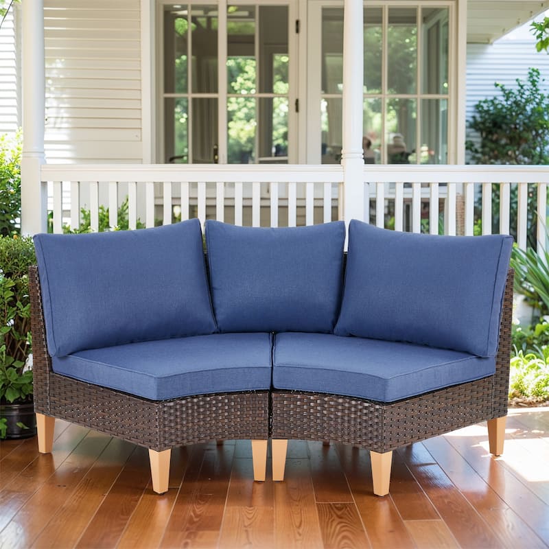 Patio Curved Sofa Set PE Rattan Sofa - Blue - Brown