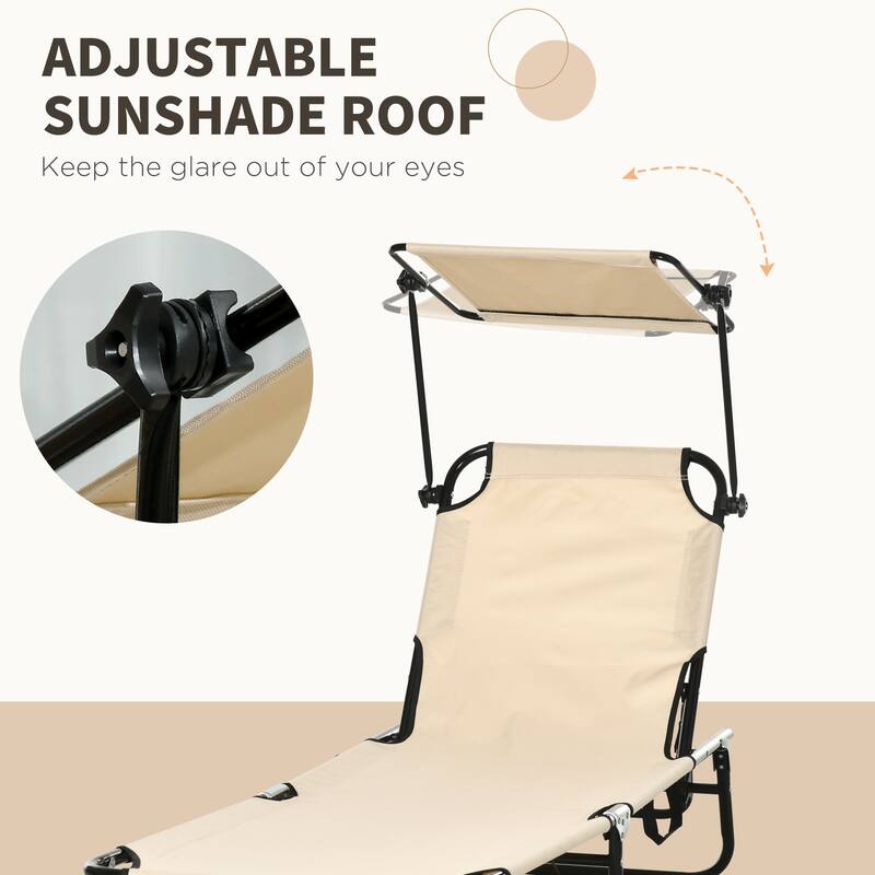 2-Piece Foldable Lounge Pool Chairs with Side Pocket, Outdoor Sun Tanning Chairs with Canopy Shade & Reclining Backrest