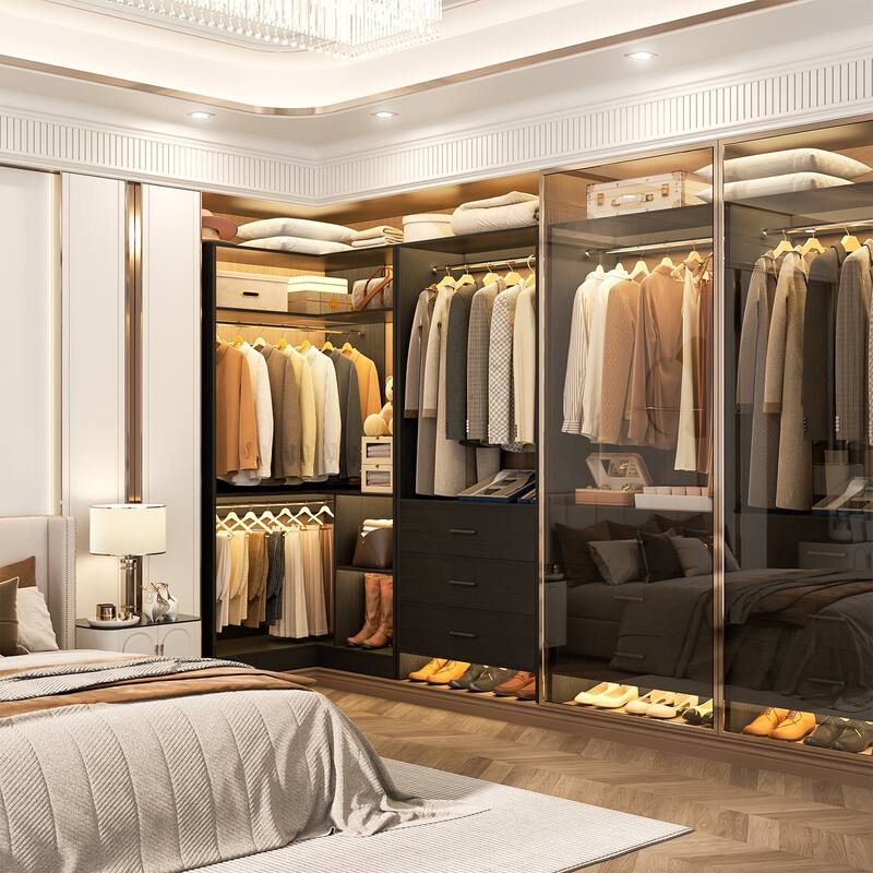 Set of 2 Freestanding Corner Closet Organizer with Drawers, Walk-in Closet System with Hanging Rods