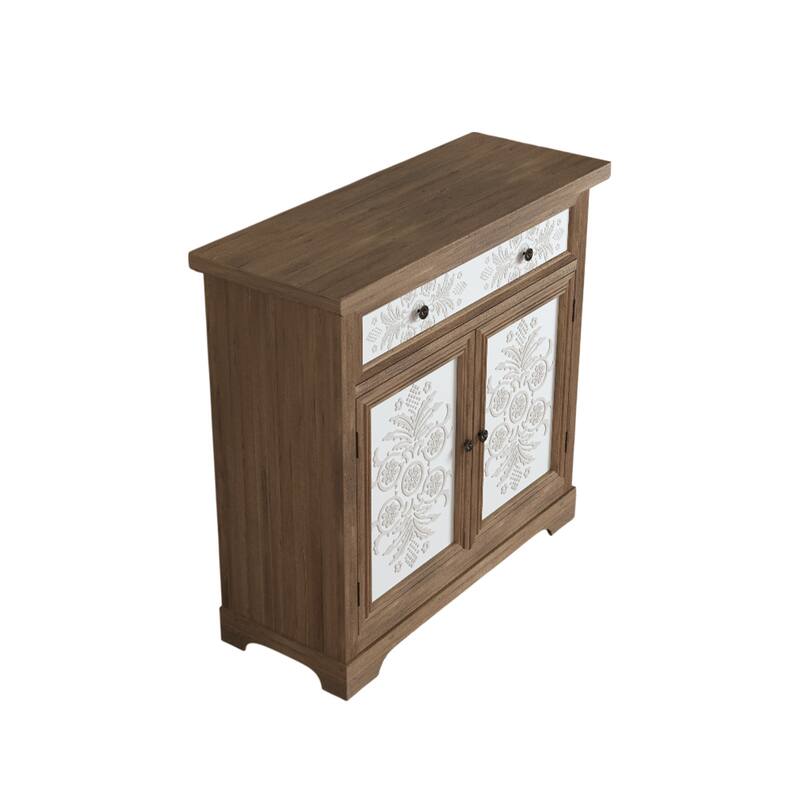 Rustic Vintage Accent Cabinet with Carved Floral Panels, Distressed Wood Sideboard with Drawer and Double Doors