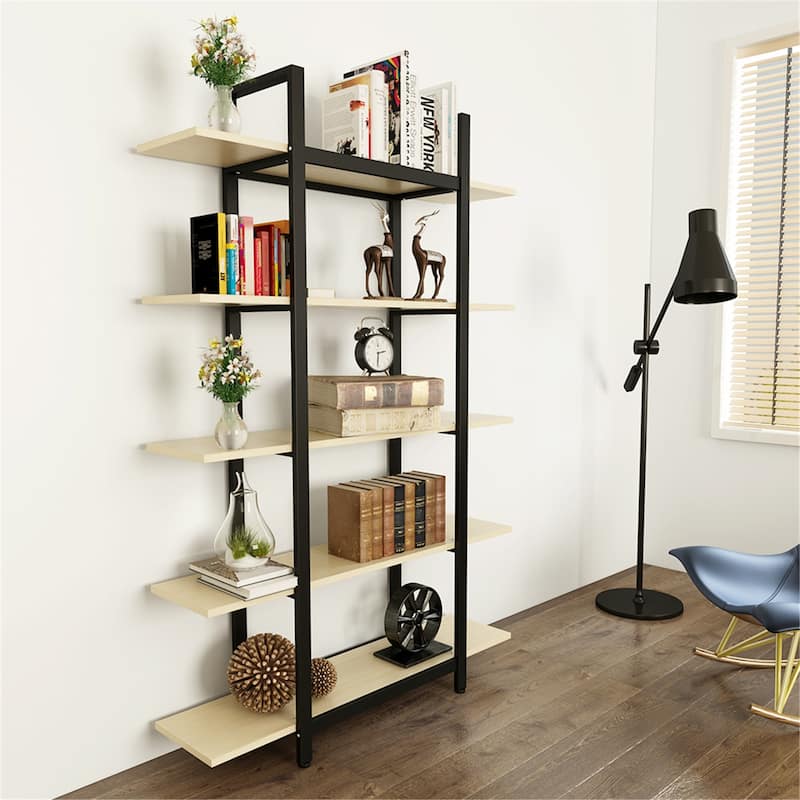 Brown Vintage Industrial 5-Tier Etagere Bookcase, White/ Gold Modern Display Bookshelf