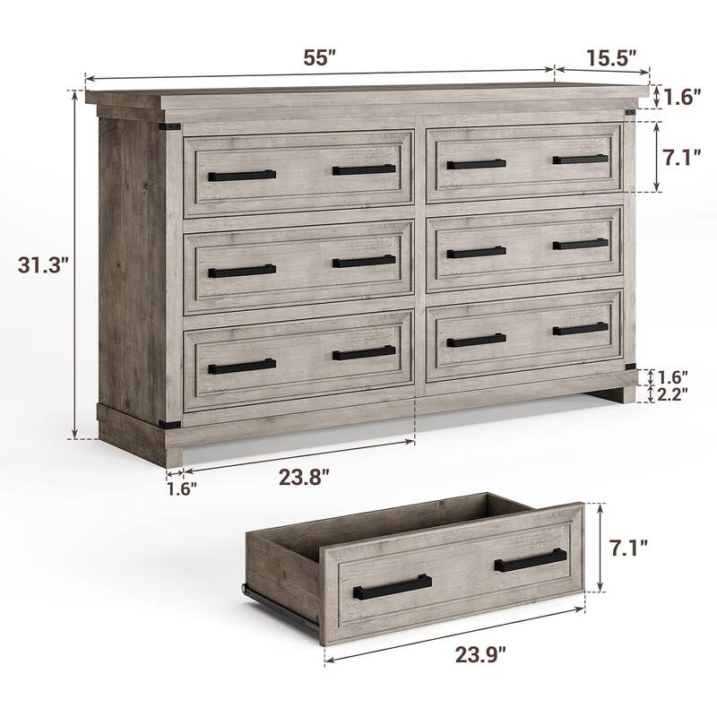6 Drawer Dresser for Bedroom, 55” Rustic Wood Chest of Drawers