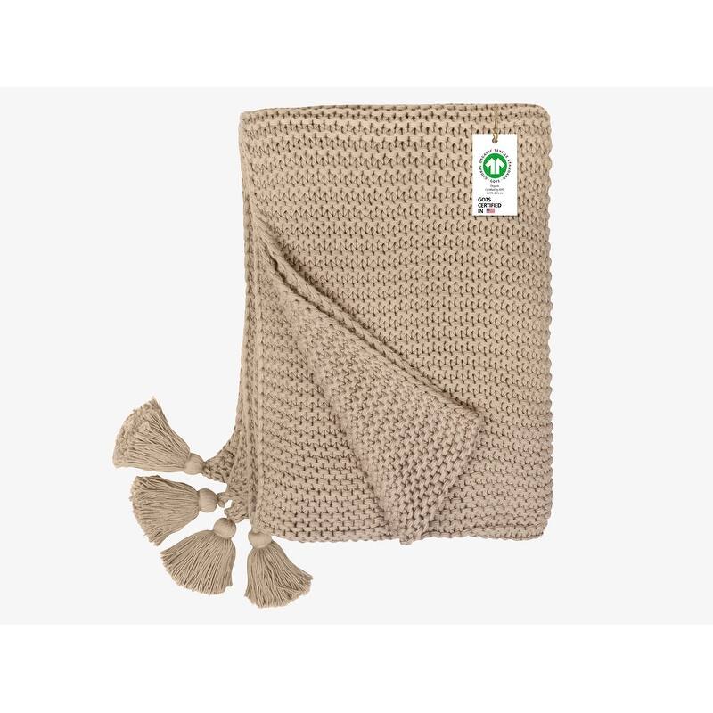 Organic Cotton Chunky Knit Oversized Throw Blankets, 50"X70" - Stone