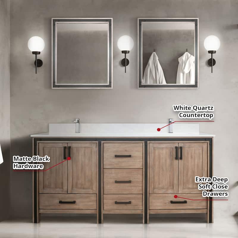 Ziva 72 in W x 22 in D White Double Bath Vanity, White Quartz Top, Faucet Set and 30 in Mirrors