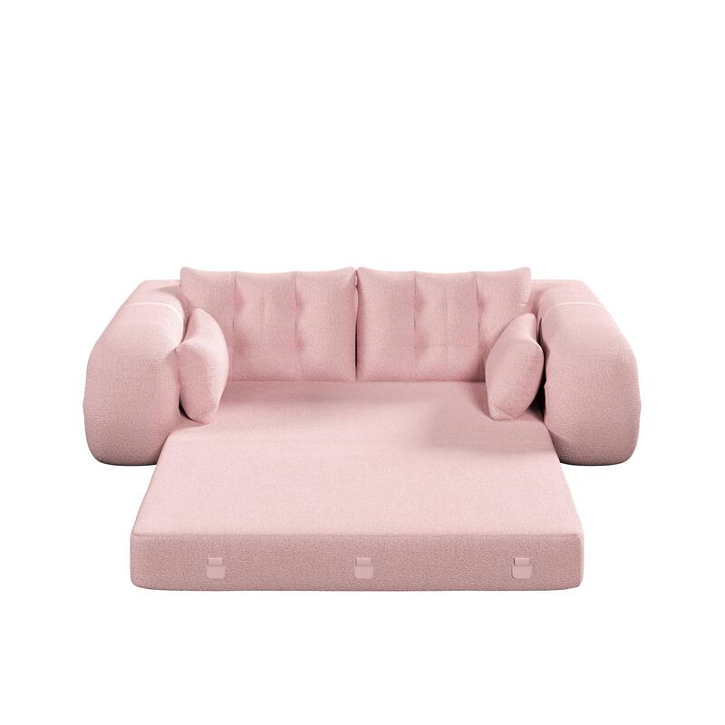 3-in-1 Lazy Loveseat 78.7" Floor Convertible Sofa Bed, Teddy Fabric Couch Sleeper with Pillows for Living Room & Playroom