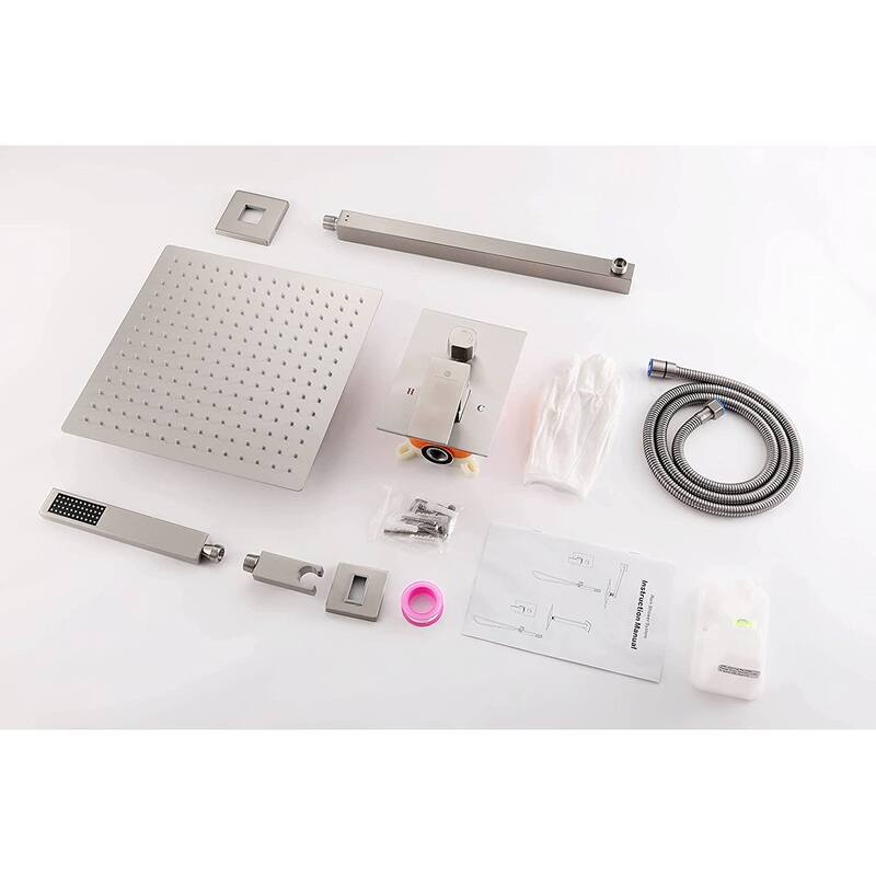 brushed nickel wall mount 12 inch rain head 2 way shower faucet with handle sprayer - 7'6" x 10'9"