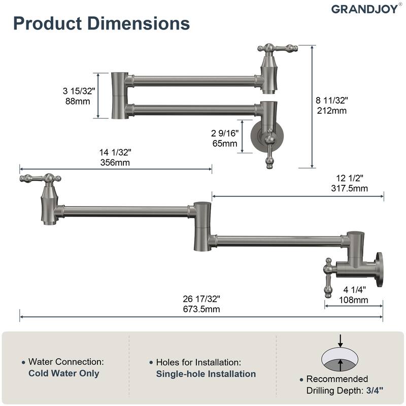 GRANDJOY Wall‑Mount Pot Filler Faucet with Dual Handle Control,High Flow Cold Water Faucet for Stove, Foldable Design