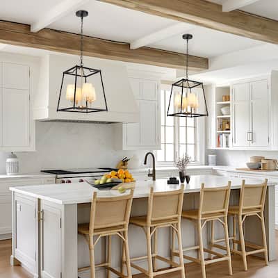 Modern Farmhouse 4-Light Black Gold Geometric Chandelier Metal Pendant Lights with Fabric Shades - 14 "