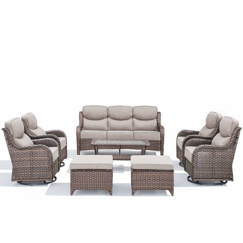 Arcadia 8-Piece Wicker Patio Conversation Set with Swivel Gliders and 6-Inch Thick Olefin Cushions