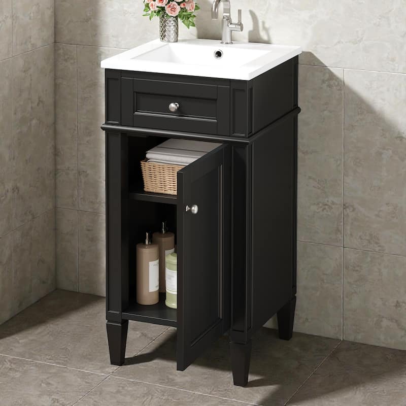 16 Inch Bathroom Vanity with Ceramic Sink, Freestanding Single Vanity, Soft Close Door, French Style Solid Wood Legs