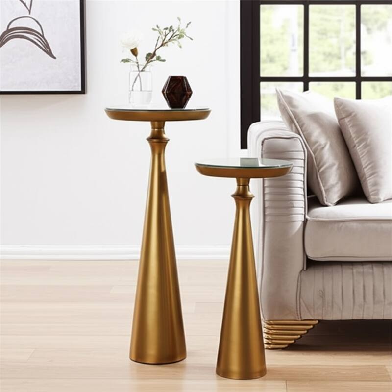 Glass Side Table Round Top Pedestal Base (Set of 2) - 22/24" Gold - 24.0"