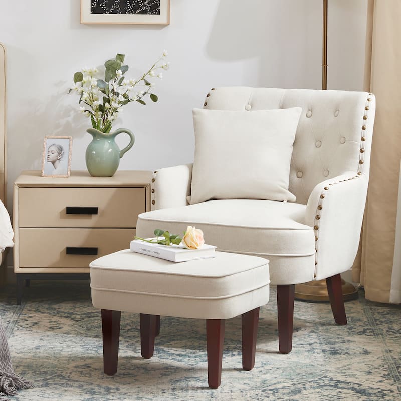 Club Chair Upholstered Button Tufted Accent Chair with Ottoman and Pillow