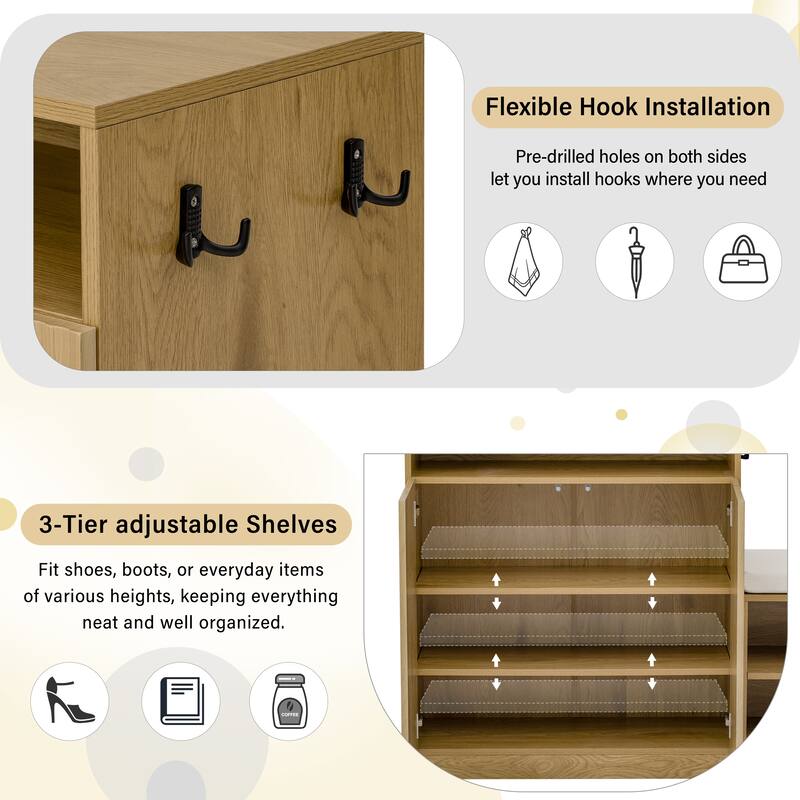 Shoe Cabinet with Bench, Doors & Adjustable Shelves, Entryway Bench with Open Shoe Racks, Storage Console Table with Hooks