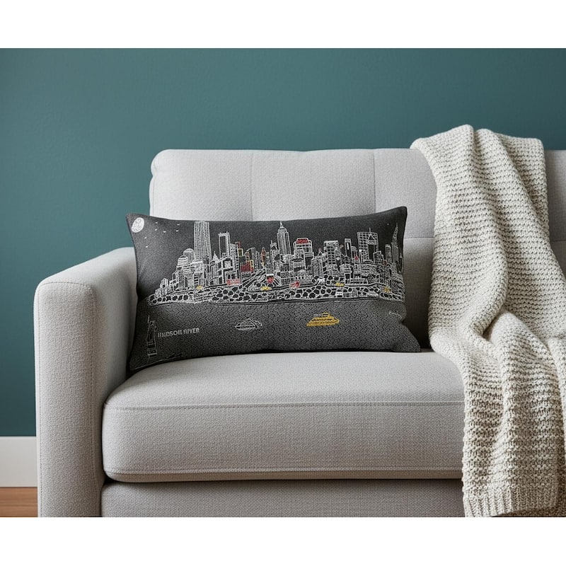 HomeRoots 14" X 24" Dark Gray And White NYC Nighttime Skyline Lumbar Decorative Pillow