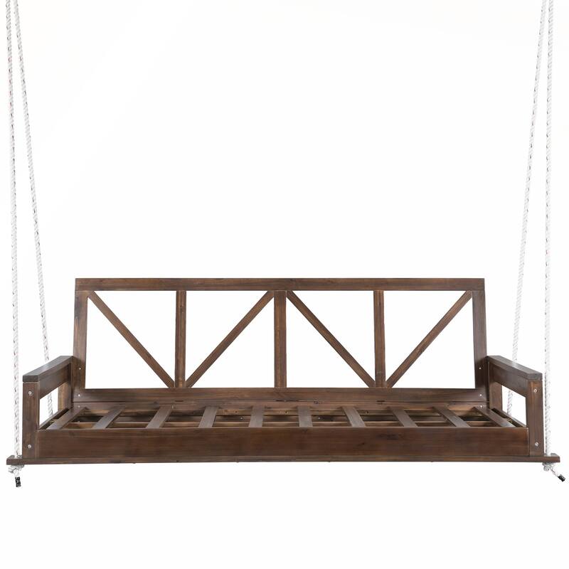 Durable Acacia Wood Twin Size Patio Swing Bed with High Backrest and 16.4ft Hemp Ropes