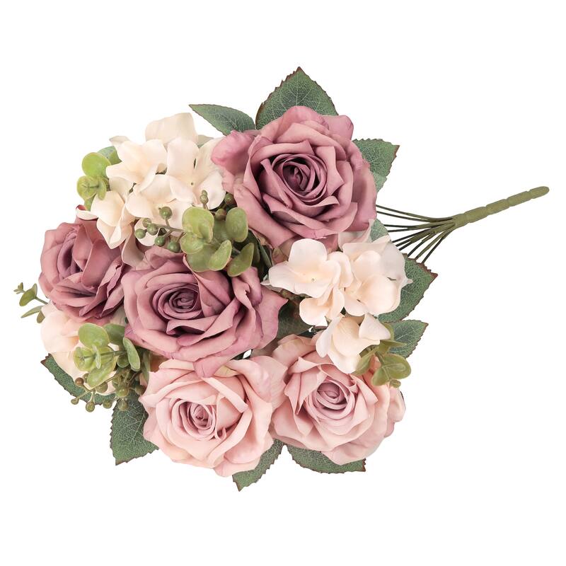 Set of 2 Dusty Mauve Artificial Mixed Rose Hydrangea Flower Stem Bush Bouquet 19in - 19" L x 12" W x 12" DP