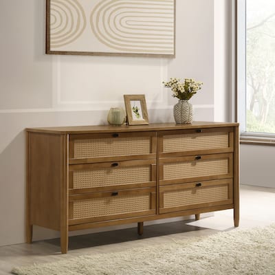 Double Dresser with 6 Rattan Drawer, Floor Standing Wooden Storage Cabinet, Clothing Organizer with Solid Wood Legs